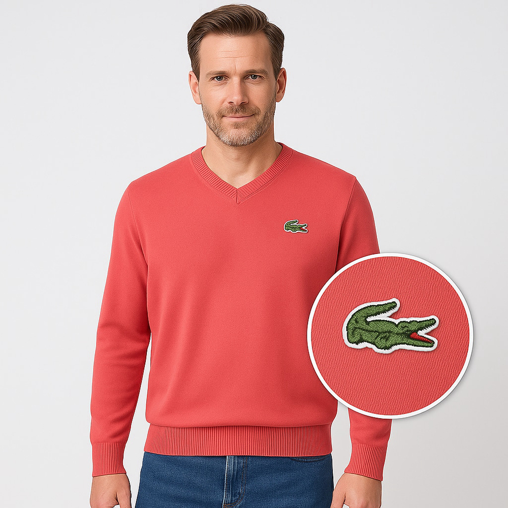 Vintage IZOD Lacoste Coral Red V-Neck Sweater – 1980s Alligator Logo – Size XL